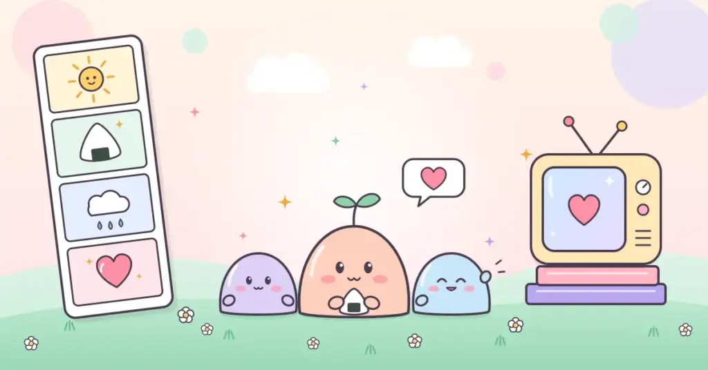 파스텔 톤 언덕 위에 작고 귀여운 말랑한 캐릭터 세 마리가 나란히 앉아 있고, 왼쪽에는 해·주먹밥·비·하트가 그려진 네 컷 만화, 오른쪽에는 책 위에 놓인 레트로 TV가 배치된 일러스트입니다.