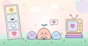 파스텔 톤 언덕 위에 작고 귀여운 말랑한 캐릭터 세 마리가 나란히 앉아 있고, 왼쪽에는 해·주먹밥·비·하트가 그려진 네 컷 만화, 오른쪽에는 책 위에 놓인 레트로 TV가 배치된 일러스트입니다.