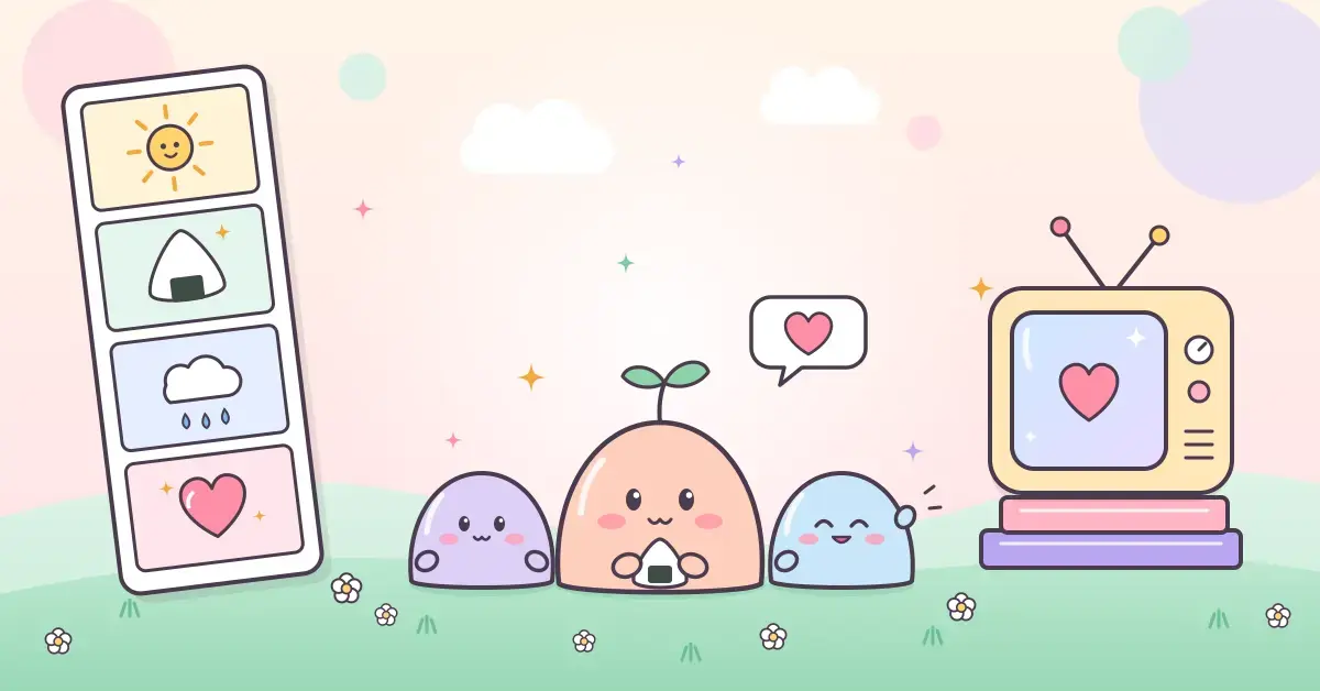 파스텔 톤 언덕 위에 작고 귀여운 말랑한 캐릭터 세 마리가 나란히 앉아 있고, 왼쪽에는 해·주먹밥·비·하트가 그려진 네 컷 만화, 오른쪽에는 책 위에 놓인 레트로 TV가 배치된 일러스트입니다.